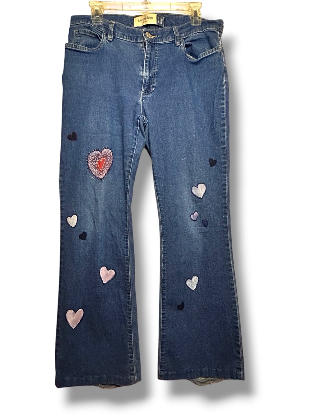 Upcycled Heart Hummingbird Flare Medium Denim Artist Jeans Cottagecore Whimsy 12